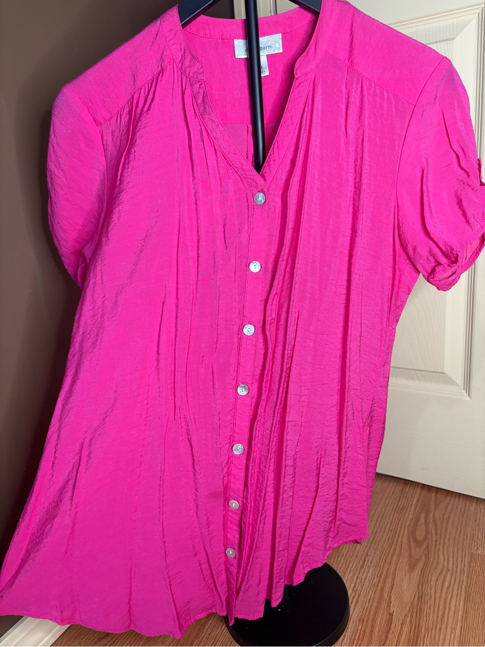 dressbarn Hot Pink Button-Front Short Sleeve Blouse - Picture 3 of 5